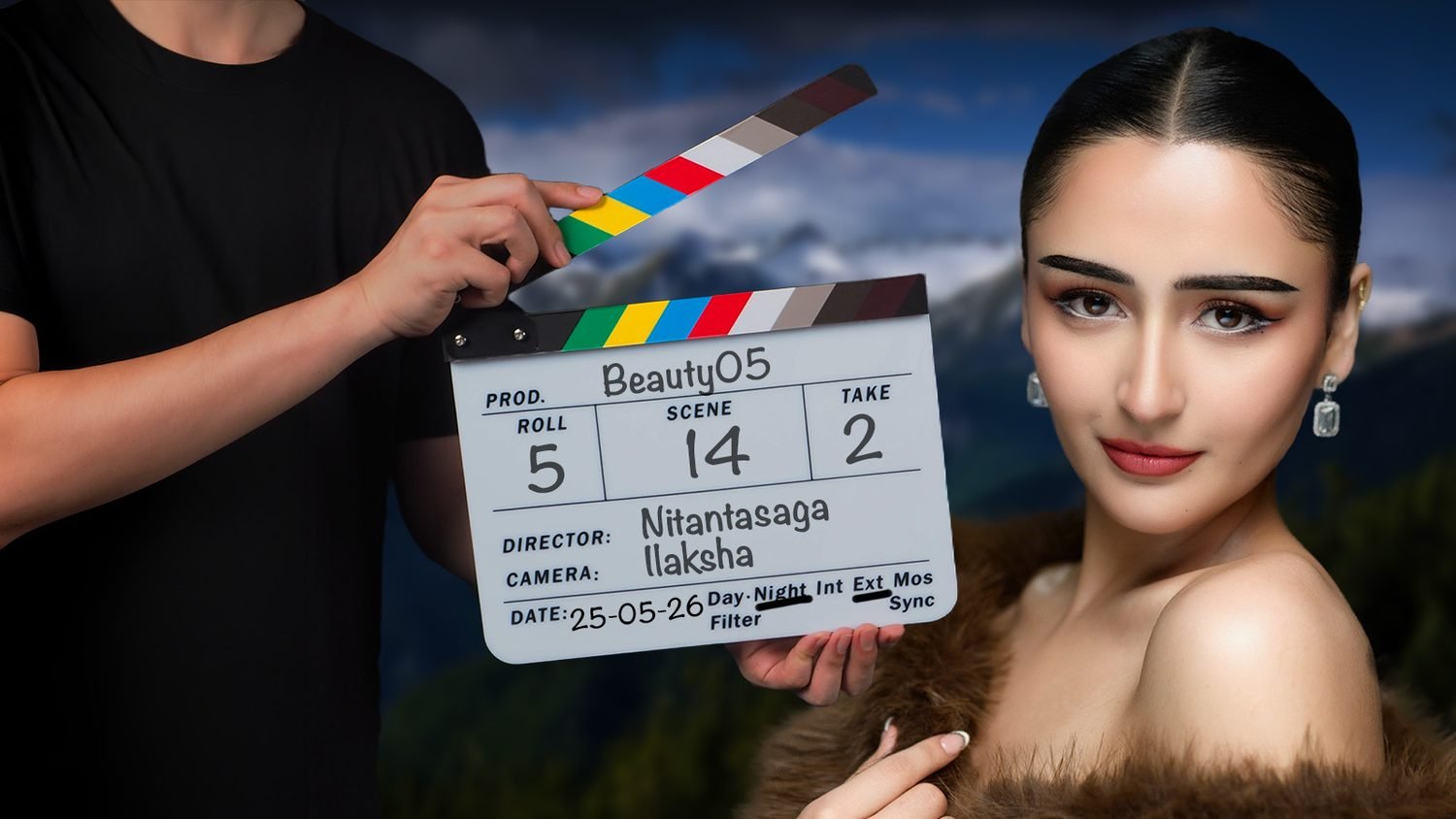Clapperboard on a film and fashion shoot at Ilaksha Studios