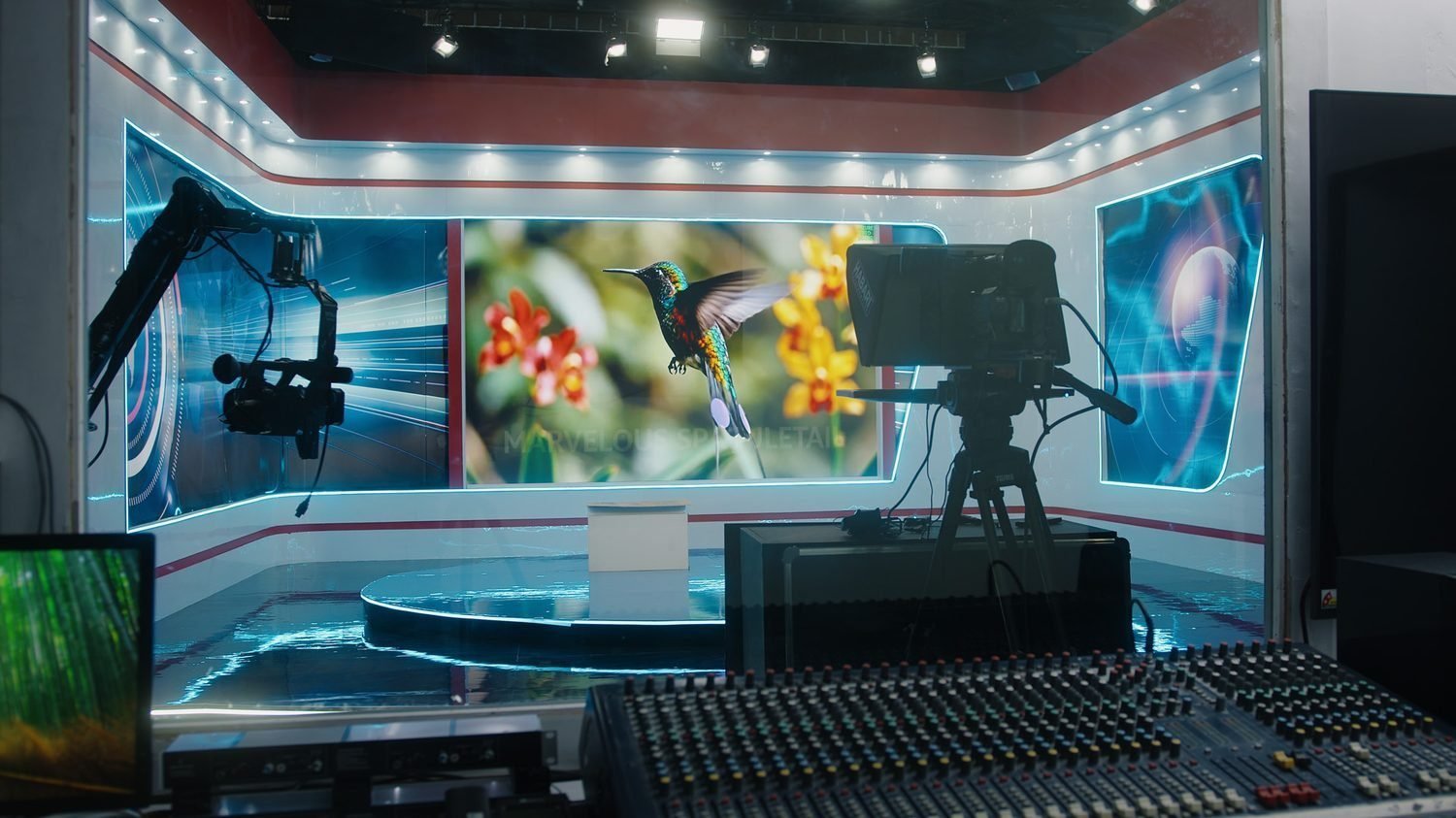 Broadcast studio with LED wall and multi-camera setup