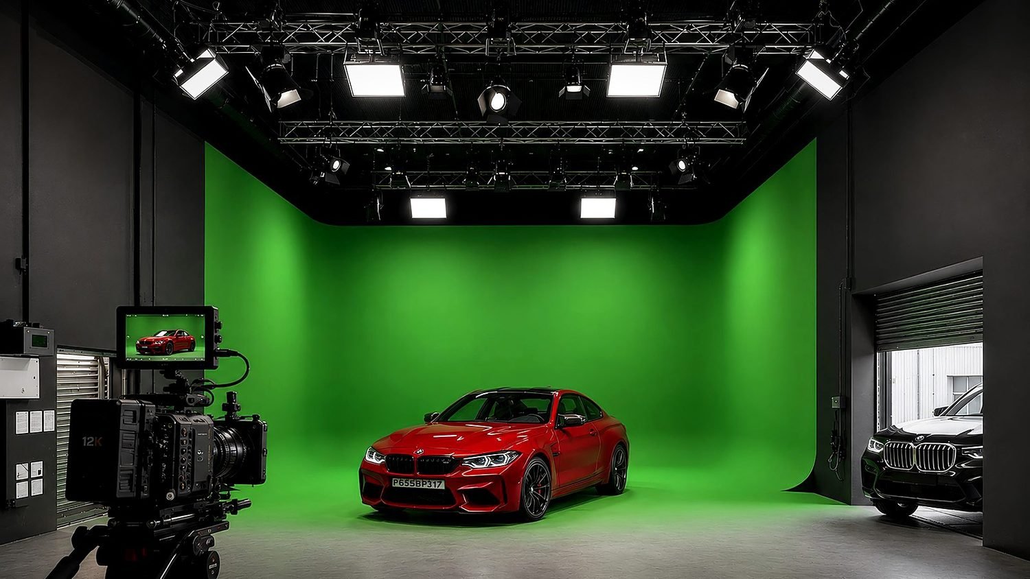 Automobile shoot in progress — red car on the green cyclorama with a vehicle entering through the drive-in shutter at Ilaksha Studios